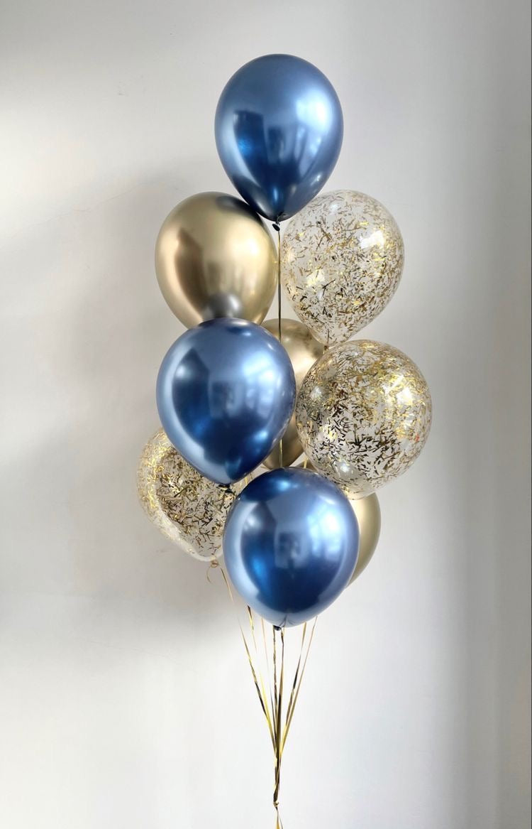 Blue, Light Gold and Clear with Confetti Latex Helium Balloon Bunch - Perfect for any special occasions!