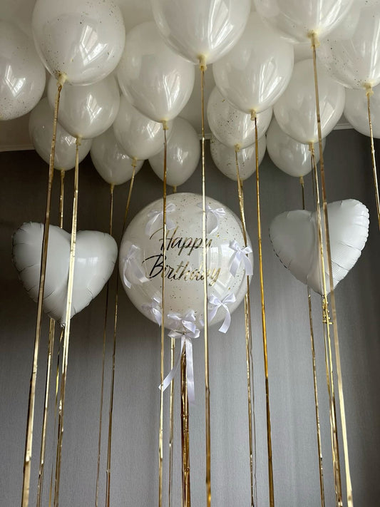 Personalised Helium Balloon Clear with Clear White Latex, Ceiling Heliums, Heart-Shaped Helium, Customizable Sticker and Tassels - Perfect for any Occasions