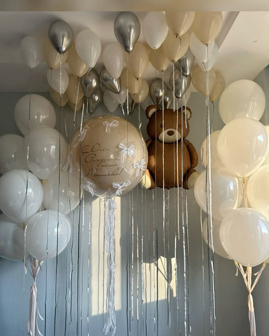 Personalised Helium Balloon Clear with White&Silver&Dust White Latex, Ceiling Heliums, Customizable Sticker and Ribbons - Perfect for any Occasions