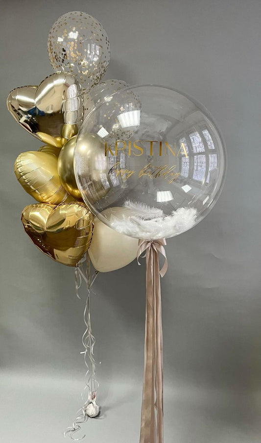 Personalised Helium Balloon Clear with Dust White&Light Gold Latex, Heart-Shaped Helium, Customizable Sticker and Tassels - Perfect for any Occasions