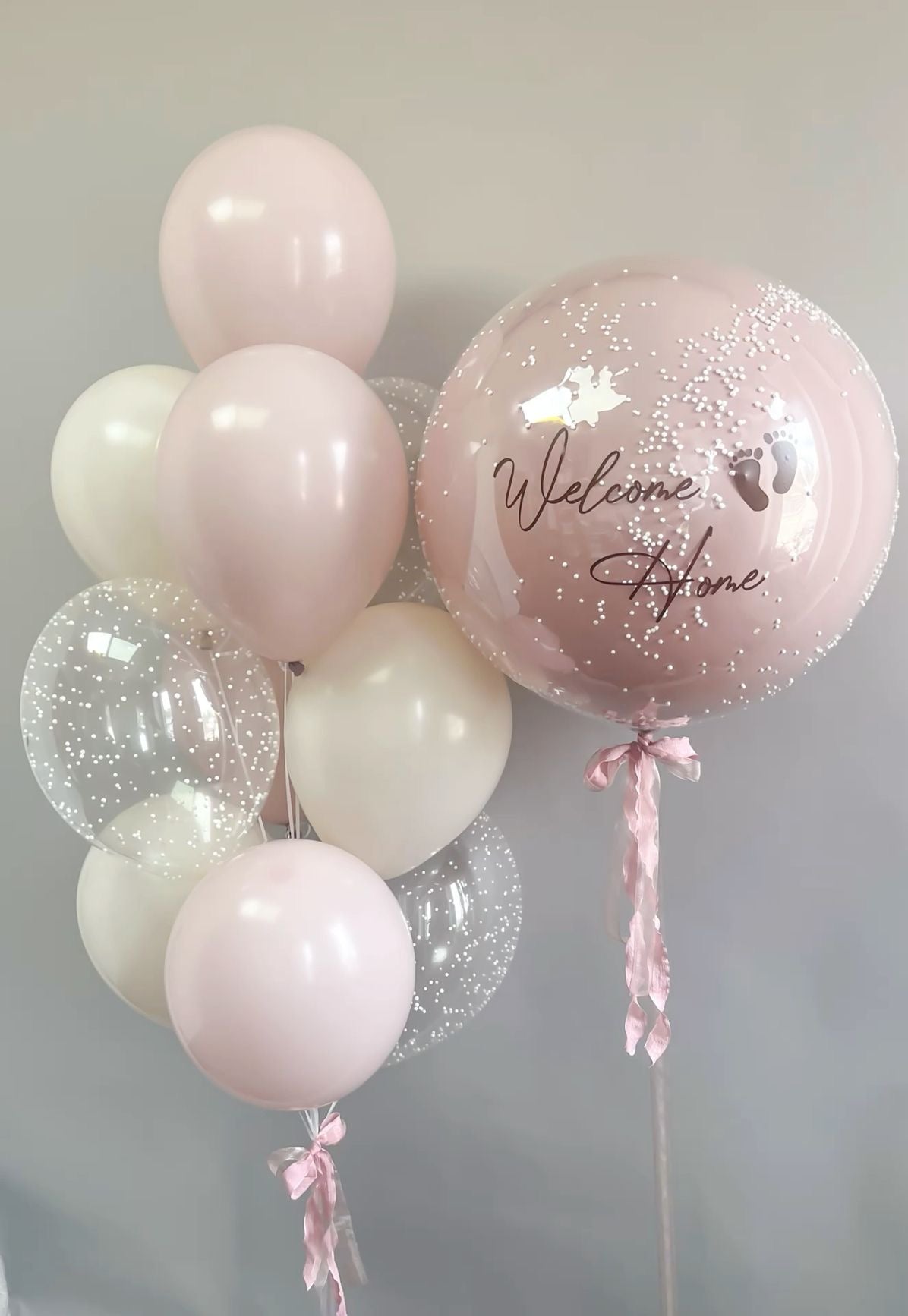 Personalised Helium Balloon Clear with Pink&White Latex, Customizable Sticker and Ribbons - Perfect for any Occasions