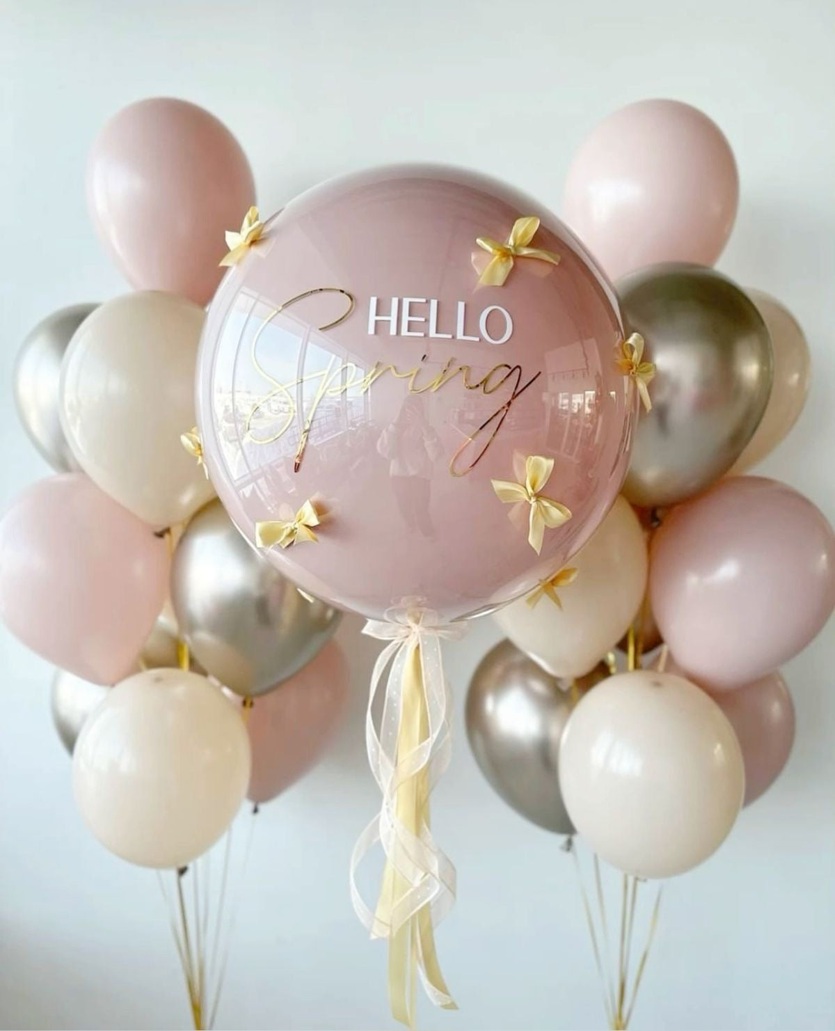 Personalised Helium Balloon Clear with Pink&Dust White&Light Gold Latex, Customizable Sticker and Ribbons - Perfect for any Occasions