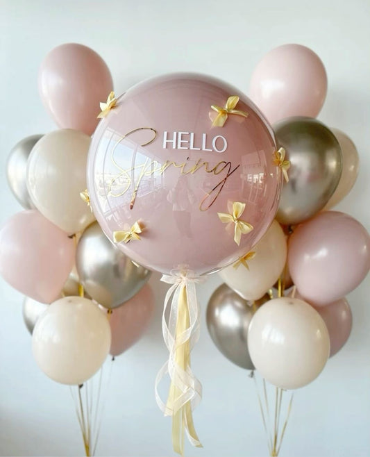 Personalised Helium Balloon Clear with Pink&Dust White&Light Gold Latex, Customizable Sticker and Ribbons - Perfect for any Occasions