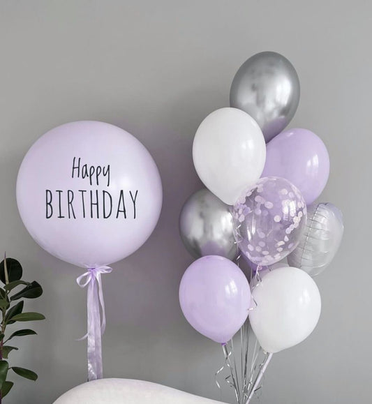 Personalised Helium Balloon Clear with Purple&Silver&White Latex, Heart-Shaped Heliums, Customizable Sticker and Ribbons - Perfect for any Occasions