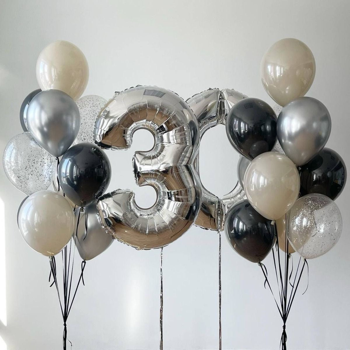 Personalised Helium Balloon Clear with Silver&Black&Dust White Latex, Number Helium Balloons, and Tassels - Perfect for any Occasions