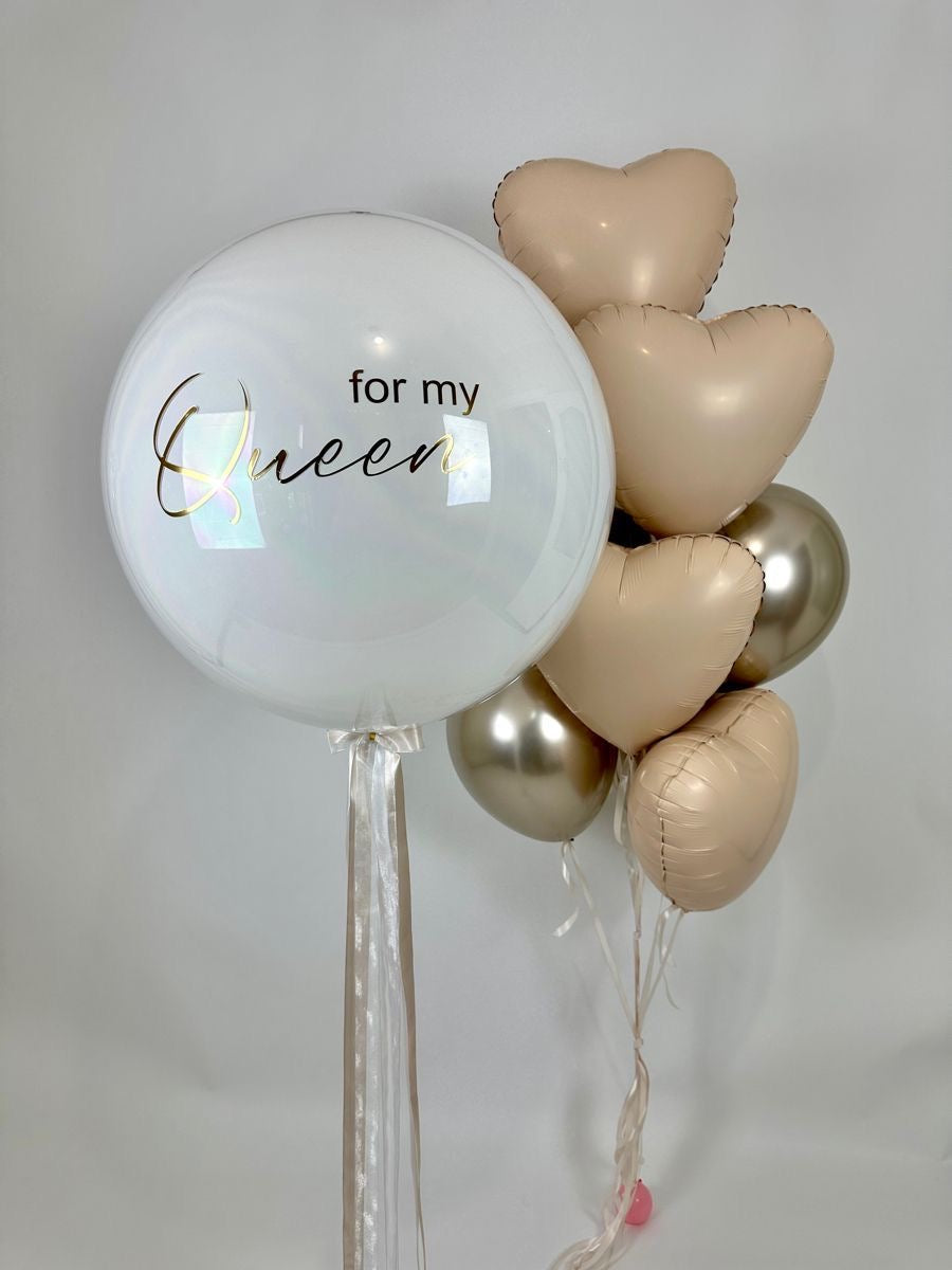Personalised Helium Balloon Clear with Light Gold Latex Heliums, Beige Heart-Shaped Foil and Tassels - Perfect for any Occasions
