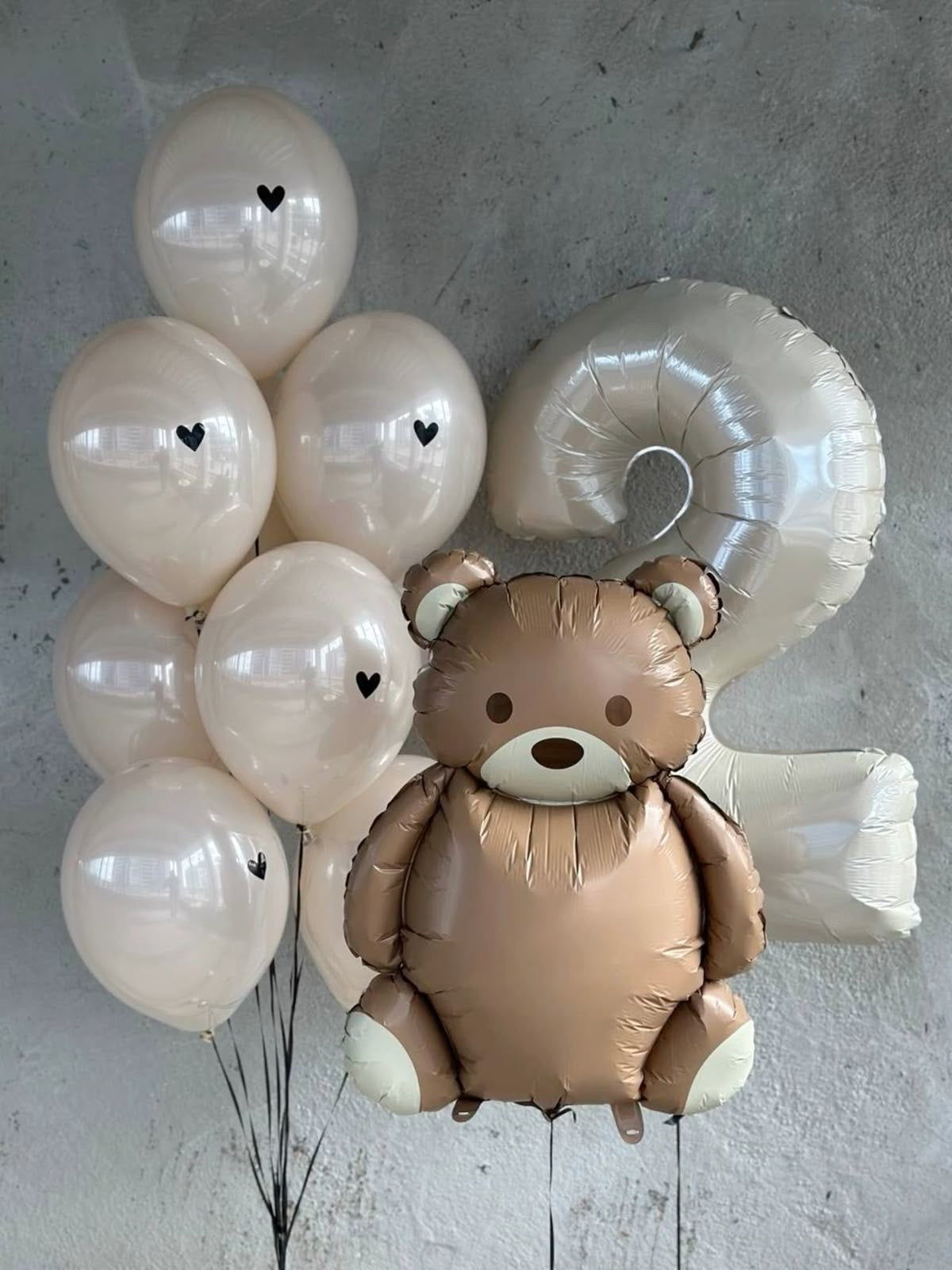 Double Layered Latex with Black Heart Stickers Helium Balloon, Beige ‘2’ Number Helium Balloons, and Bear Foil with Silver Strings - Perfect for any Occasions