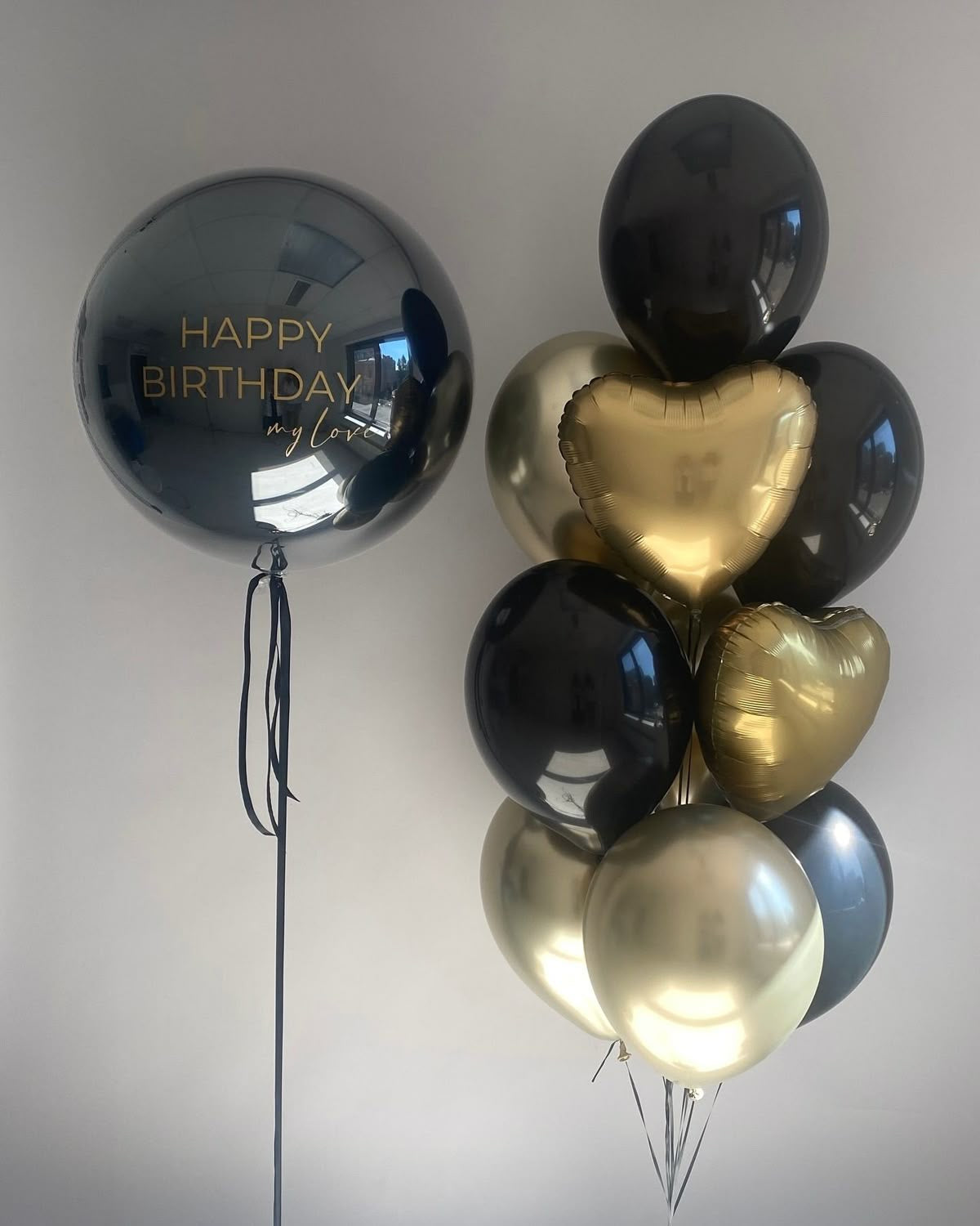 Personalised Helium Balloon Clear with Gold, Light Gold and Black Latex, Heart-Shaped Foil and Ribbons - Perfect for any Occasions