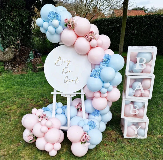 Mini Chain Balloon Blue and Pink with Customizable Circle KT Board with Stand, Flowers and BABY Box with Mini Balloons - Perfect for any Special Occasions