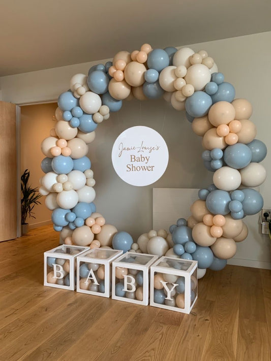 Round Balloon Beige, Dust White and Blue with Customizable Circle KT Board and BABY Box with Mini Balloons Decor Setup - Perfect for special occasions