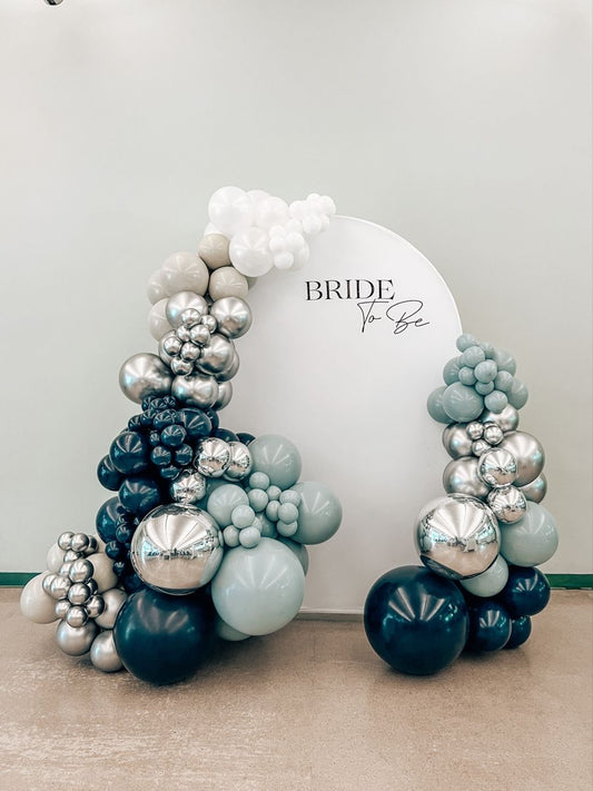 Customizable KT Board Backdrop with Balloon White, Dust White, Green, Blue and Silver Decor Setup - Perfect for special occasions