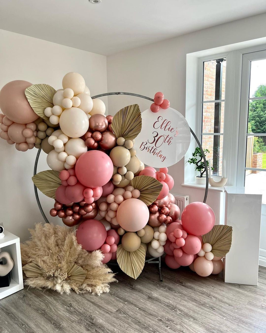 Balloon Beige, Brown and Pink with Circle Customizable KT Board and Artificial Flowers Boho-Themed Decor Setup - Perfect for special occasions