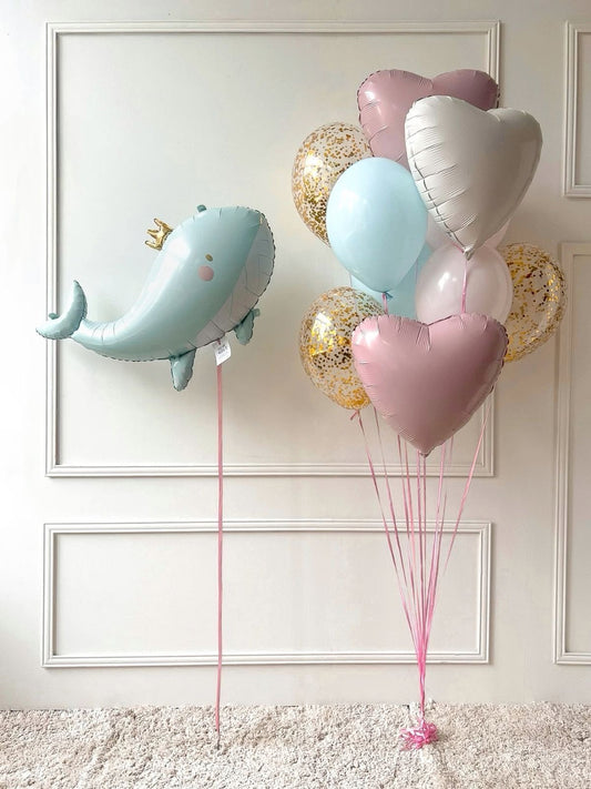 Helium Balloon Set of Clear with Gold Confetti, Blue, Pink, White Latex and Heart-Shaped with Helium Blue Whale and Pink Ribbons - Perfect for any Occasions