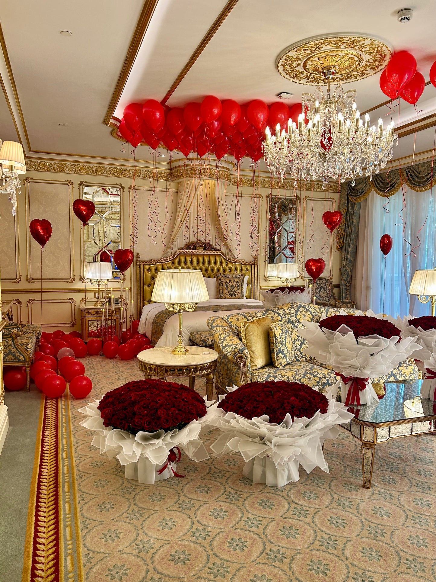 Red Theme Balloon Decoration, Fresh Flower Bouquet, LED Marquee Stand, Red Hearts & Latex Balloons - Perfect for special occasion Birthday, Proposal, Valentines