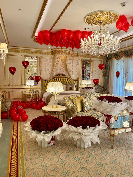 Red Theme Balloon Decoration, Fresh Flower Bouquet, LED Marquee Stand, Red Hearts & Latex Balloons - Perfect for special occasion Birthday, Proposal, Valentines