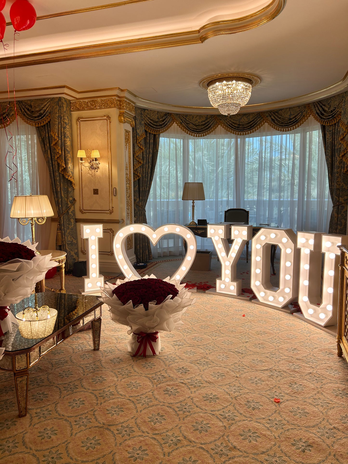 Red Theme Balloon Decoration, Fresh Flower Bouquet, LED Marquee Stand, Red Hearts & Latex Balloons - Perfect for special occasion Birthday, Proposal, Valentines
