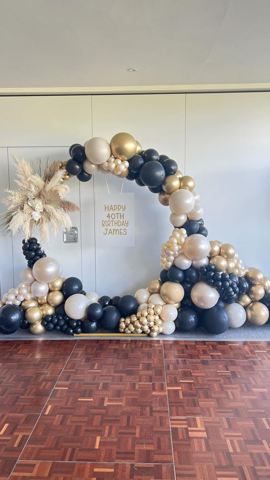Round Balloon Pearl White, Gold and Black Decor with Artificial Flower Boho-Themed Setup - Perfect for special occasions