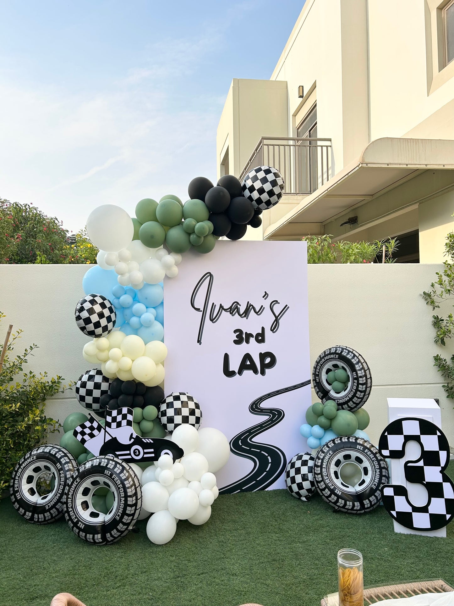 Car-Themed Customize Backdrop, Car,  Number 3 and Balloons Black Blue Yellow White Green Wheels - Themed Birthday Party