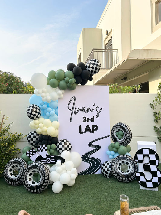 Car-Themed Customize Backdrop, Car,  Number 3 and Balloons Black Blue Yellow White Green Wheels - Themed Birthday Party