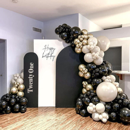 Customizable KT Board Backdrop with Balloon Dust White, Black and Gold Decor Setup - Perfect for special occasions