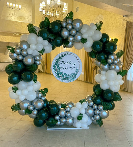 Round Balloon Silver, Green and White with Customizable Circle KT Board Decor Setup - Perfect for special occasions
