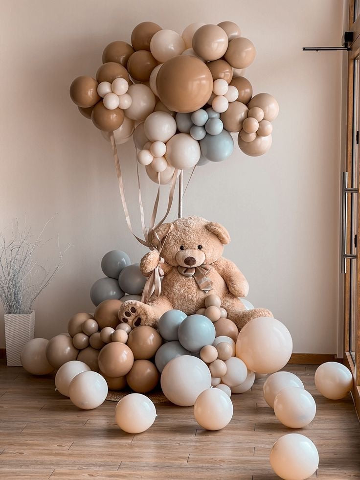 Balloon Dust White, Brown and Blue Cloud Designed with Teddy Bear Decor Setup - Perfect for special occasions