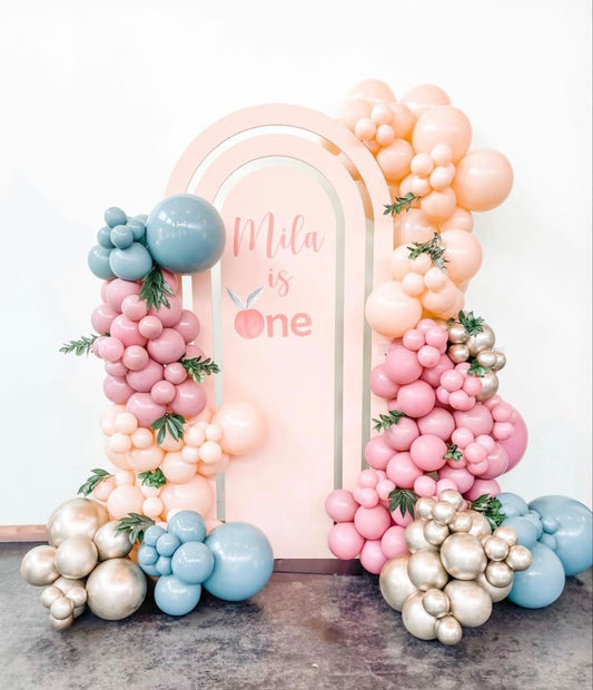 Customizable KT Board Backdrop with Balloon Peach, Pink, Silver and Blue Decor Setup - Perfect for special occasions