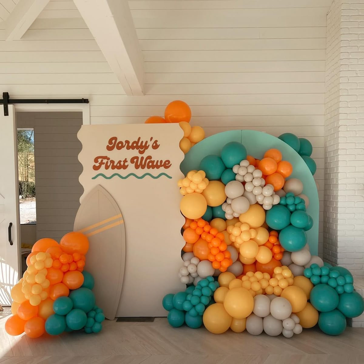 Customizable KT Board Backdrop with Balloon Green, Orange and Gray Decor Setup - Surfer-Themed Perfect for special occasions