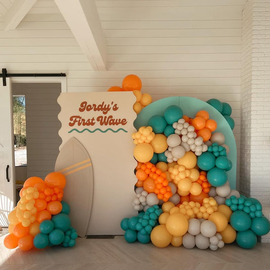 Customizable KT Board Backdrop with Balloon Green, Orange and Gray Decor Setup - Surfer-Themed Perfect for special occasions