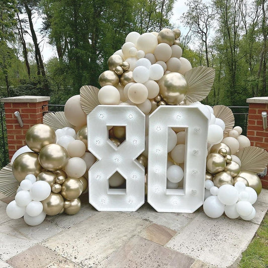 Balloon Dust White, White and Light Gold Setup with Artificial Flowers Backdrop with ‘80’ LED Marquee Numbers - Boho-Themed Perfect for any Celebration