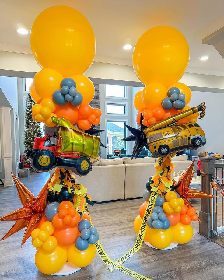 Personalised Different Shade of Blue and Orange with Truck, Black and Orange Stars Accents and Tassels Pillar/Column/Tower – Perfect for Any Celebrations