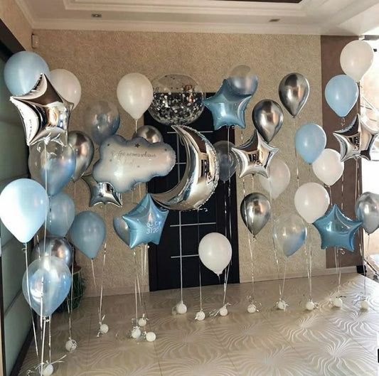 Helium Blue, White and Silver Latex with Cloud, Stars and Moon Bunches Balloon Decor - Perfect for Welcoming Baby!