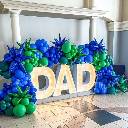 Balloon Blue and Green Decor Setup with Star Accents and LED Marquee - Perfect for Father’s Day/Birthday Celebration