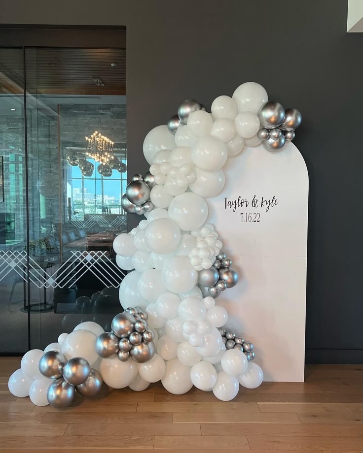 Customizable KT Board with Balloon Silver and White Decor Setup - Perfect for special occasions