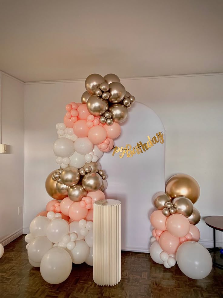Customizable KT Board with Balloon Gold, Pink, White and Gold “Happy Birthday” Banner Decor Setup - Perfect for special occasions