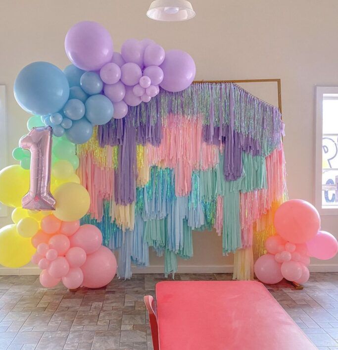 Pink, Blue, Green, Yellow, Purple Streamer Backdrop with Balloon Decor and Number Balloon - Perfect for any celebration
