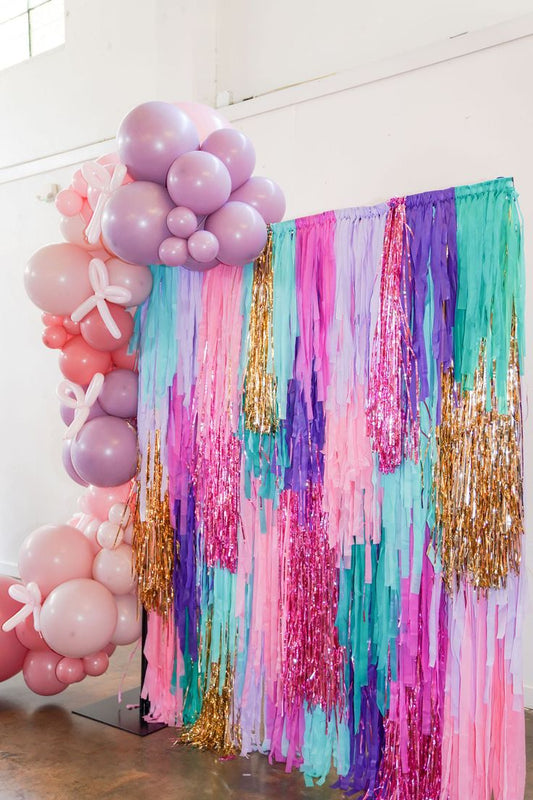 Purple, Pink, Green, Blue and Gold Streamer Backdrop with Balloon Decor and Ribbon Balloon Design - Perfect for any celebration