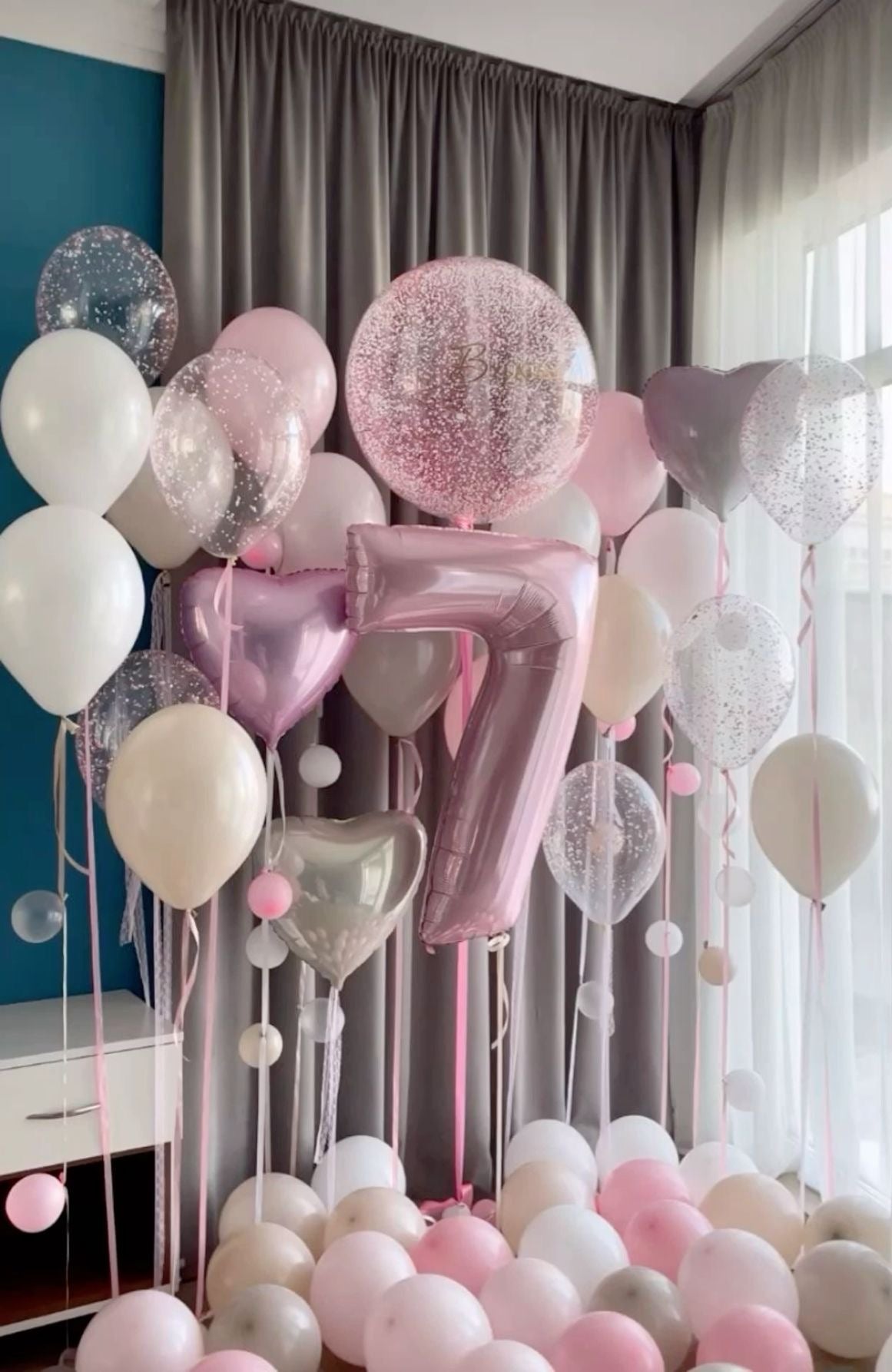 Personalised Set Helium Clear with Pink Foam and White, Sand White, Pink and Clear with Foam Balloon Latex, Pink ‘7’ Number Balloon, Heart-Shaped Foil with Ribbons and Floor Balloons - Perfect for any Occasions