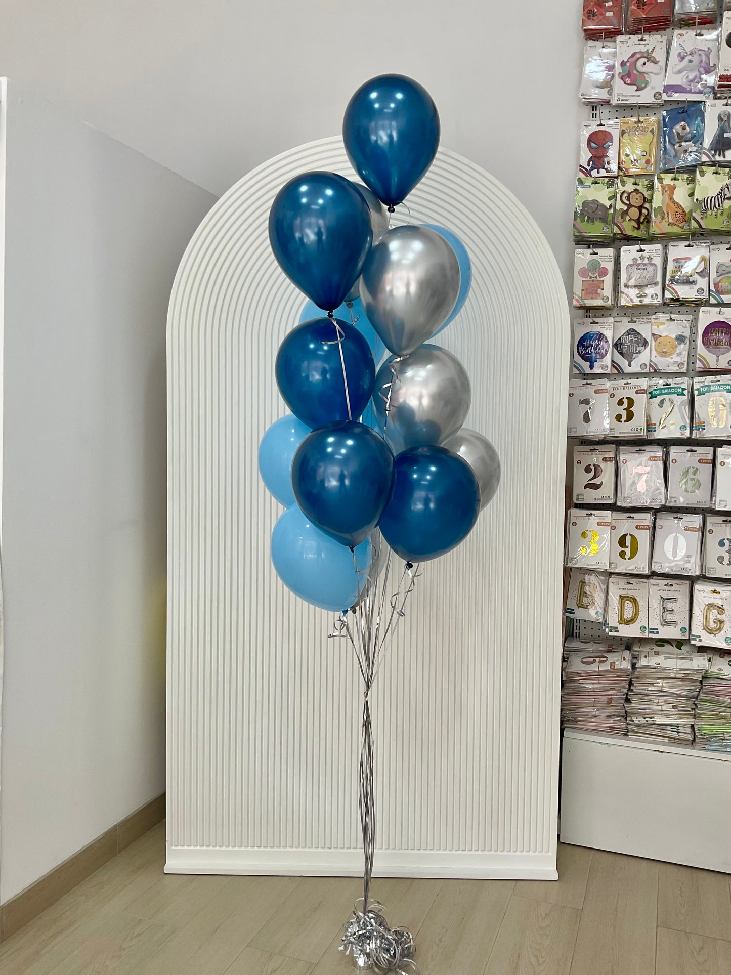 Latex Helium Balloon Silver, Blue and Chrome Blue Bunch with Strings - Perfect for any special occasions!