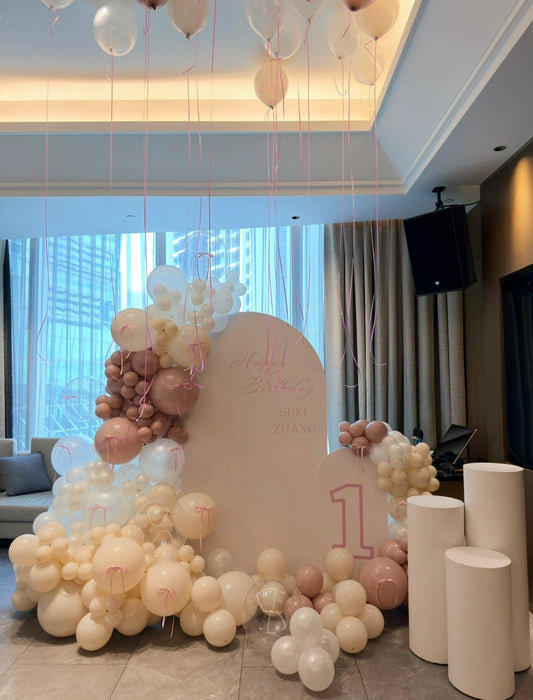 Customize Backdrop First Birthday Bow Ribbon Theme with Balloon Beige Dusty Purple Transparent Pearl White Set with Cakes Stand & 30pcs Ceiling Helium - Perfect to customize for any celebration!