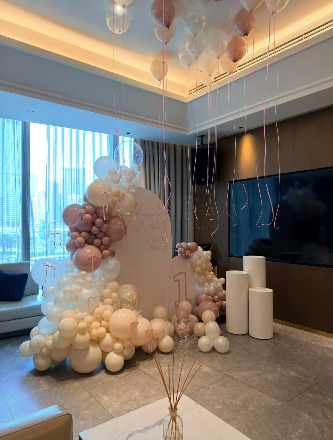 Customize Backdrop First Birthday Bow Ribbon Theme with Balloon Beige Dusty Purple Transparent Pearl White Set with Cakes Stand & 30pcs Ceiling Helium - Perfect to customize for any celebration!