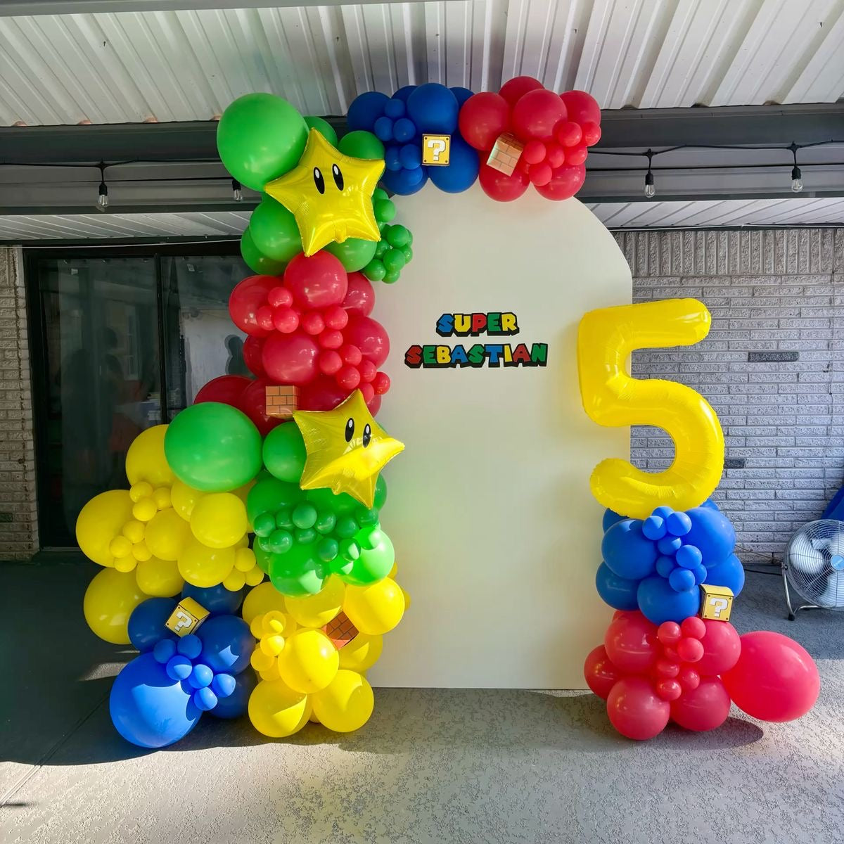 Customizable Backdrop with Balloons Yellow, Green and Red with Stars and Number ‘5’ Foil Accents - Super Mario-Themed Perfect for special occasions