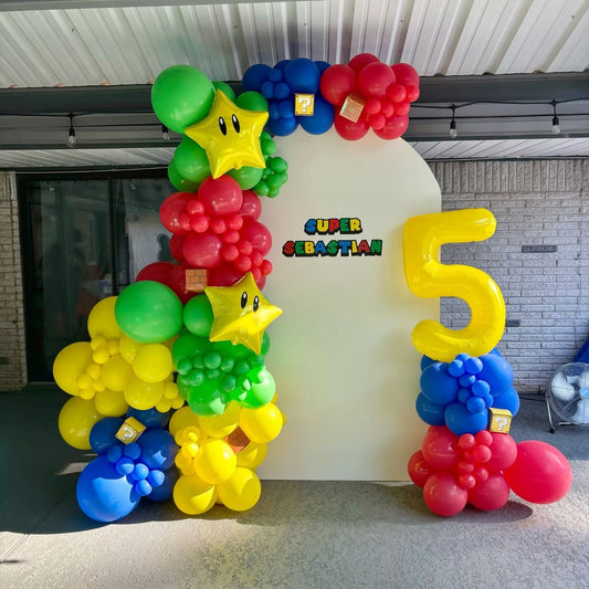 Customizable Backdrop with Balloons Yellow, Green and Red with Stars and Number ‘5’ Foil Accents - Super Mario-Themed Perfect for special occasions