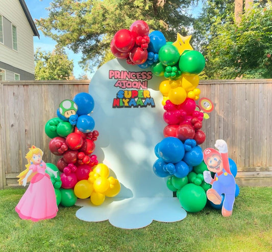 Customizable Backdrop with Balloons Yellow, Blue and Red with Star, Mushroom, Sunflower and Princess Peach and Mario Foam Board Standee - Super Mario-Themed Perfect for special occasions