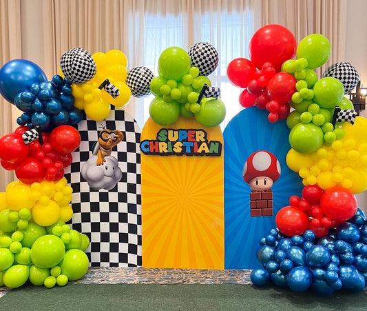 Customizable Backdrop with Balloons Green, Yellow, Blue and Red with Disco Balloon Foil and Super Mario Characters Accents Standee - Super Mario-Themed Perfect for special occasions