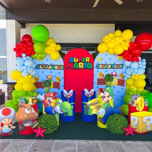 Customizable Backdrop with Balloons Green, Yellow, Blue and Red with Disco Balloon Foil and Super Mario Characters Accents Standee - Super Mario-Themed Perfect for special occasions