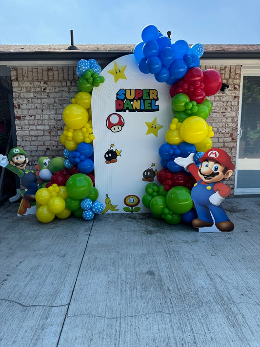 Customizable Backdrop with Balloons Green, Yellow, Blue and Red with Luigi and Mario Foam Board Standee - Super Mario-Themed Perfect for special occasions