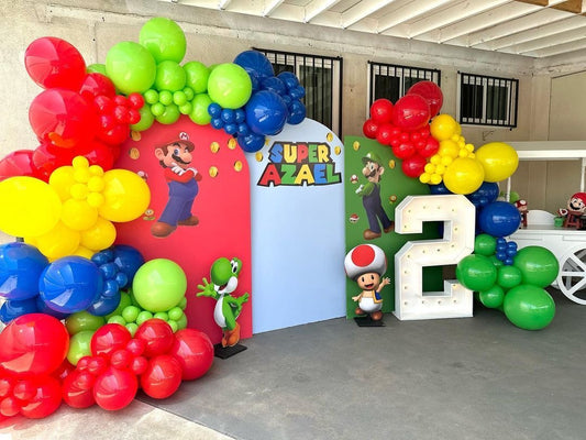 Customizable Backdrop with Balloons Green, Yellow, Blue and Red with Super Mario Characters Accents Standee and LED Marquee ‘2’ Number  - Super Mario-Themed Perfect for special occasions