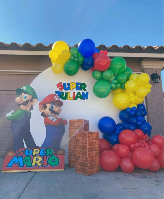 Customizable Backdrop with Balloons Green, Yellow, Blue and Red with Luigi and Mario Foam Board Standee - Super Mario-Themed Perfect for special occasions