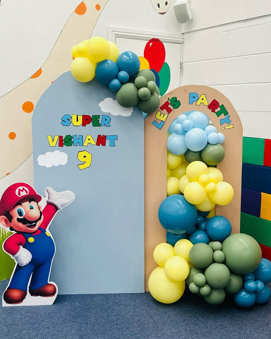 Customizable Backdrop with Balloons Green, Yellow, Blue and Red with Mario Foam Board Standee - Super Mario-Themed Perfect for special occasions